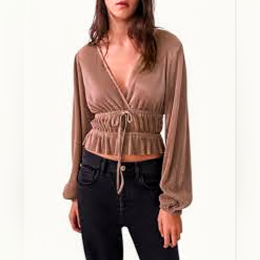 Zara Brown Bronze Pleated V-Neck Long Sleeve Peplum Tie Waist Blouse Top Small